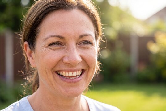 Close-up portrait of a happy middle-aged woman with a radiant smile in soft, golden hour sunlight.