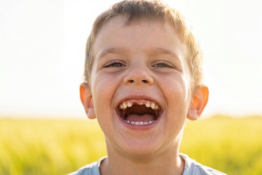 Joyful young boy with missing front teeth laughing heartily in a sun-drenched golden field.