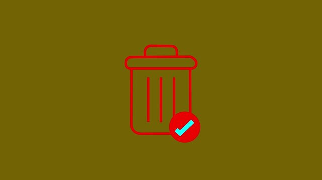 Animated red trash bin icon with cyan check mark on olive background for delete confirmation clear cache complete disposal and app UI UX