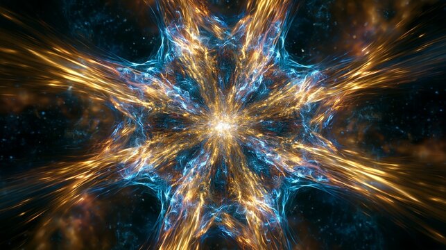 Abstract glowing starburst fractal pattern in deep space, science and energy.