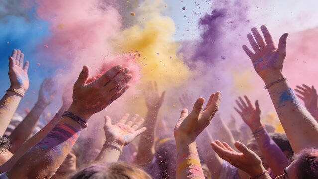 Crowd celebrating with colorful powder during a festival.
