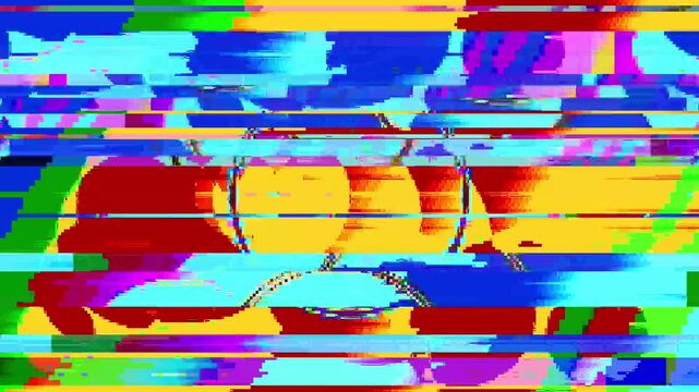 Abstract digital glitch shifting on screen with horizontal color displacement, static framing, color distortion, pixelation