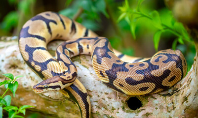 Fototapeta premium A python lies on the ground and on rocks in the wild.Close-up of a boa constrictor on a tree. Snake skin. Reptile.