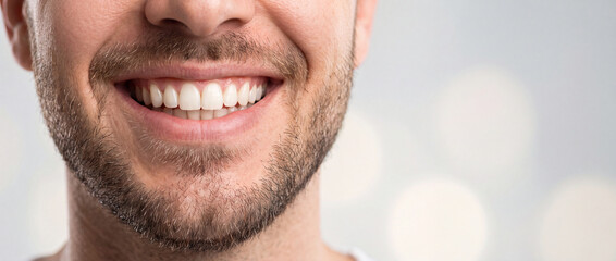 Fototapeta premium Healthy male smile with white teeth captured in a close up studio shot with soft bokeh light, ideal for dental care, oral hygiene, whitening treatment, and orthodontic marketing materials