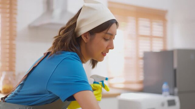 Cleaner woman using spray bottle and glove for kitchen cleaning, uniform headband, window home service, focused housekeeper in bright modern interior with cloth and apron
