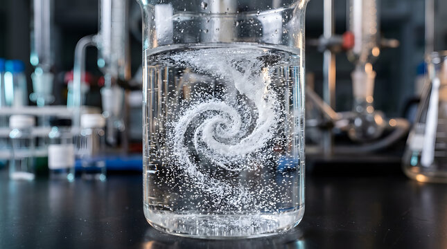 Swirling white substance dissolving in glass beaker in laboratory