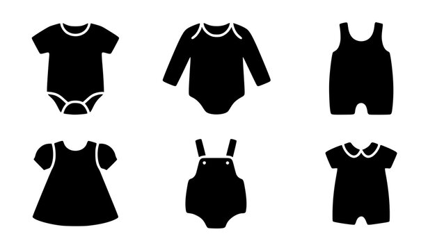 Black silhouette baby clothes collection with onesies rompers and dresses vector