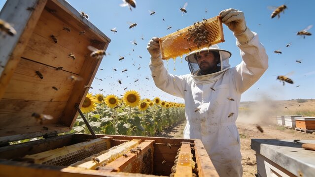 Beekeeper Inspecting Honeycomb in Sunflower Field.