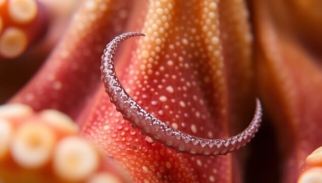 Intricate close up macro view showing detailed texture of a curved octopus tentacle surface