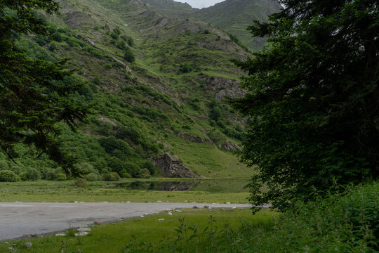 Green mountain slope reflecting in a small tranquil alpine lake framed by trees