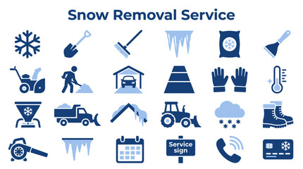 Set of snow removal service icons featuring winter maintenance equipment shovels plows and salt spreaders for professional winter property management © Iconique Studio