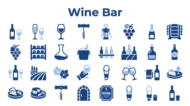 Set of wine bar icons featuring various drinking accessories and winery elements in blue color scheme