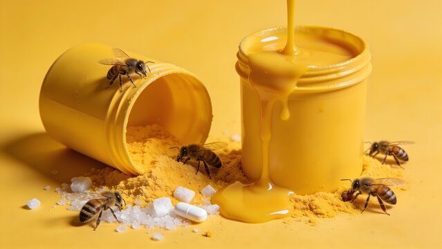 Bees and Honey Jars with Pills on Yellow Background.