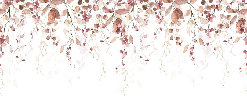 Watercolor painted foliage floral seamless border. Orange and pink autumn wild flowers, branches, leaves and twigs. Fall nature hand drawn design clipart.