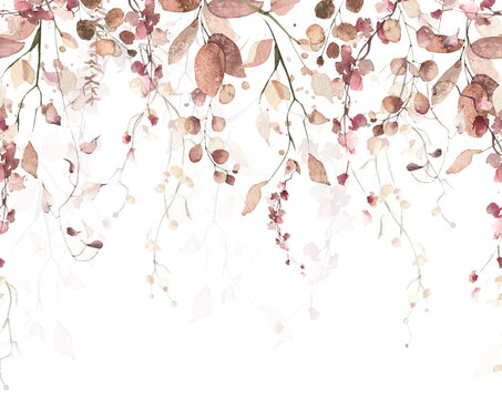 Watercolor painted foliage floral seamless border. Orange and pink autumn wild flowers, branches, leaves and twigs. Fall nature hand drawn design clipart.