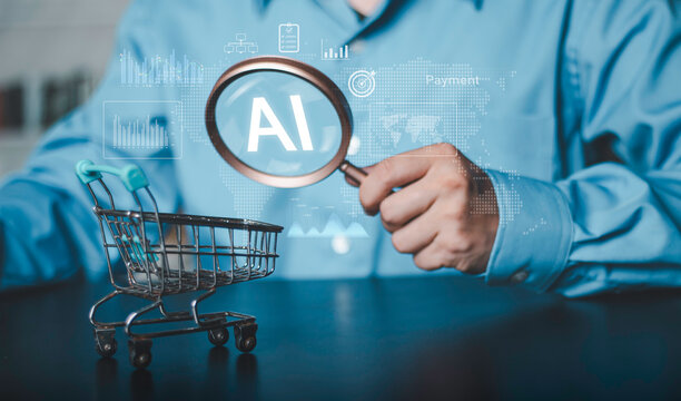 Intelligent product discovery, ecommerce, digital retail, automation, and smart purchasing. Businessman using a smartphone with an AI agent shopping, analyze, search interface and magnifying glass