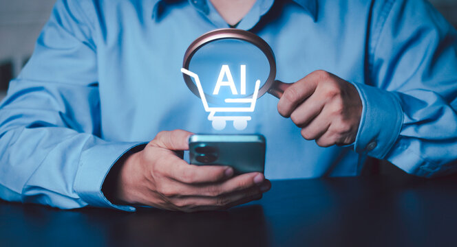 Intelligent product discovery, ecommerce, digital retail, automation, and smart purchasing. Businessman using a smartphone with an AI agent shopping, analyze, search interface and magnifying glass