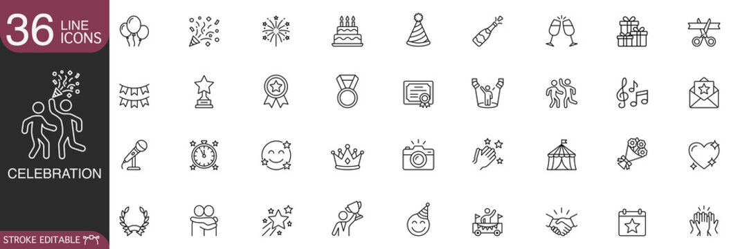 Celebration and party event line icon vector set featuring birthday, achievement rewards, and festive concepts with editable stroke.