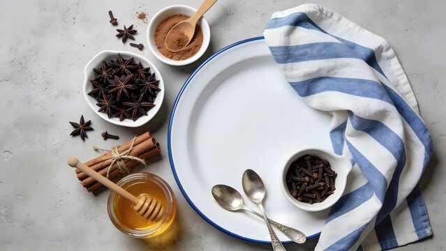 Overhead view of spices and ingredients for cooking or baking.