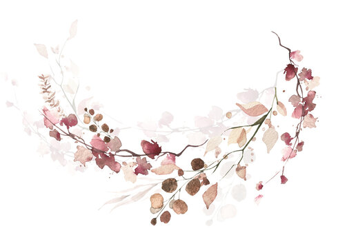 Watercolor floral and fall foliage semicircle frame. Red, burgundy, brown, beige and pink autumn wild flowers, eucalyptus branches, leaves and twigs. Fall nature hand drawn design clipart.