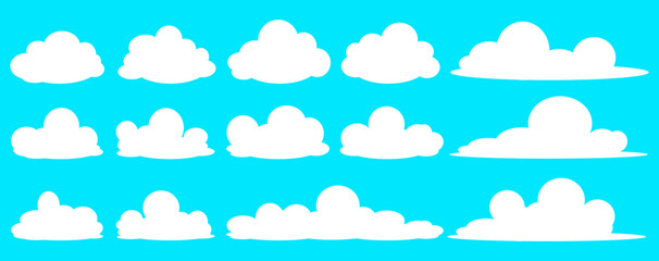 Fototapeta premium set of vector illustrations of clumpy clouds, cloud bubbles in flat style on a blue background 