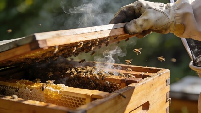 Beekeeper Inspecting Hive with Smoke and Bees.