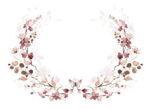 Watercolor floral and fall foliage round symmetrical frame. Red, burgundy, brown, beige and pink autumn wild flowers, eucalyptus branches, leaves and twigs. Fall nature hand drawn design clipart.