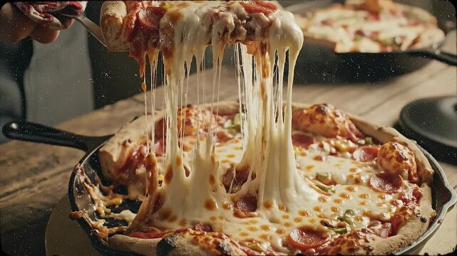 Close up shot of a freshly baked pepperoni pizza served in a black cast iron skillet on a rustic wooden table with long strands of stretchy melted cheese pulling away.