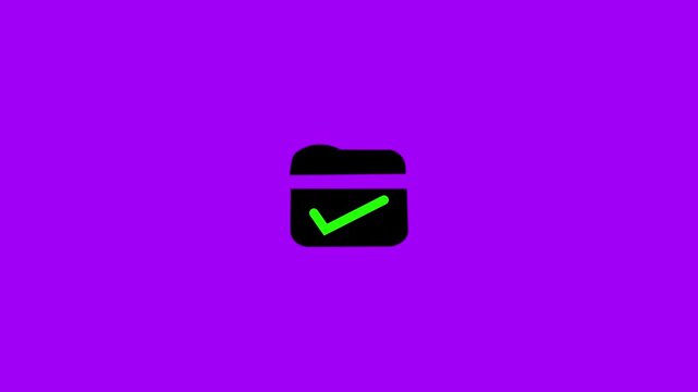 Animated red folder icon with black check mark on dark grey background for file management document verification task complete and storage