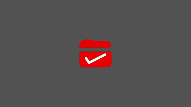 Animated red folder icon with red check mark on dark grey background for file management document verification task complete and storage