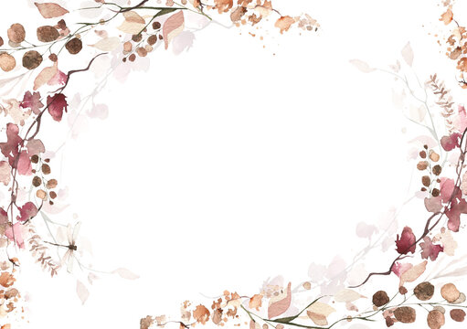 Watercolor floral and fall foliage corner frame. Red, burgundy, brown, beige and pink autumn wild flowers, eucalyptus branches, leaves and twigs. Fall nature hand drawn design clipart.