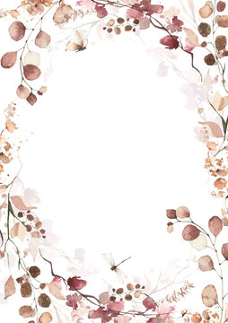 Watercolor floral and fall foliage round frame. Red, burgundy, brown, beige and pink autumn wild flowers, eucalyptus branches, leaves and twigs. Fall nature hand drawn design clipart.