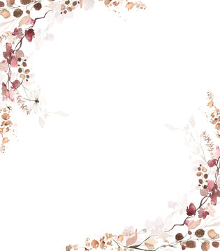 Watercolor floral and fall foliage corner frame. Red, burgundy, brown, beige and pink autumn wild flowers, eucalyptus branches, leaves and twigs. Fall nature hand drawn design clipart.