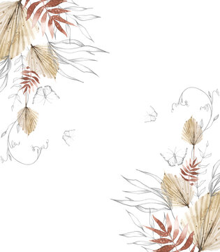 Watercolor floral and dry foliage frame arrangement. Beige, red autumn exotic palm branch, leaves and twigs. Vintage dark gray sketch butterfly, plants drawing line clipart.