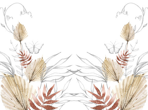 Watercolor floral and dry foliage symmetrical frame. Beige, red autumn exotic palm branch, leaves and twigs. Vintage dark gray sketch butterfly, plants drawing line clipart.