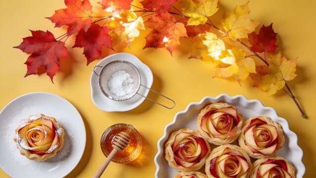 Autumn Apple Rose Tarts and Honey on Yellow Background with Fall Leaves.