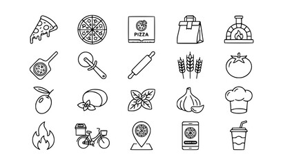 Fototapeta premium Modern Pizza Restaurant Line Icons Vector Collection for Food Branding and Menus