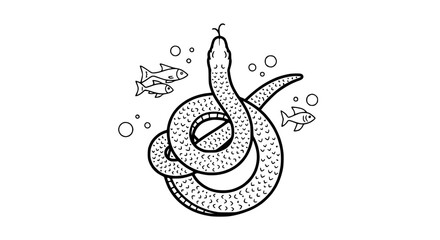Fototapeta premium Minimalist line art illustration of a marine snake and small fish underwater