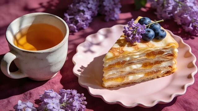 Slice of layered cake with blueberries and tea beside purple flowers.