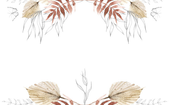 Watercolor floral and dry foliage symmetrical frame. Beige, red autumn exotic palm branch, leaves and twigs. Vintage dark gray sketch butterfly, plants drawing line clipart.