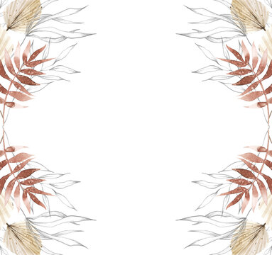 Watercolor floral and dry foliage symmetrical frame. Beige, red autumn exotic palm branch, leaves and twigs. Vintage dark gray sketch butterfly, plants drawing line clipart.