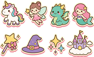 Fototapeta premium Cute Kawaii Fantasy Icons Set with Unicorn Fairy Dragon Mermaid and Magic Objects Vector Illustration