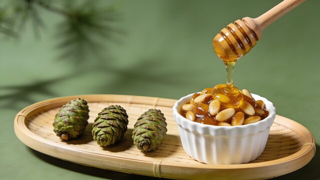 Honey dripping onto almonds and pine cones on a wooden tray.