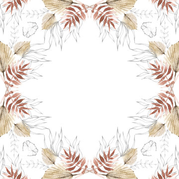 Watercolor floral and dry foliage symmetrical frame. Beige, red autumn exotic palm branch, leaves and twigs. Vintage dark gray sketch butterfly, plants drawing line clipart.