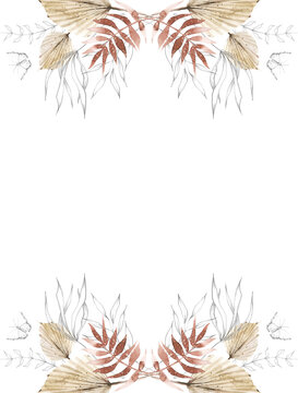Watercolor floral and dry foliage symmetrical frame. Beige, red autumn exotic palm branch, leaves and twigs. Vintage dark gray sketch butterfly, plants drawing line clipart.