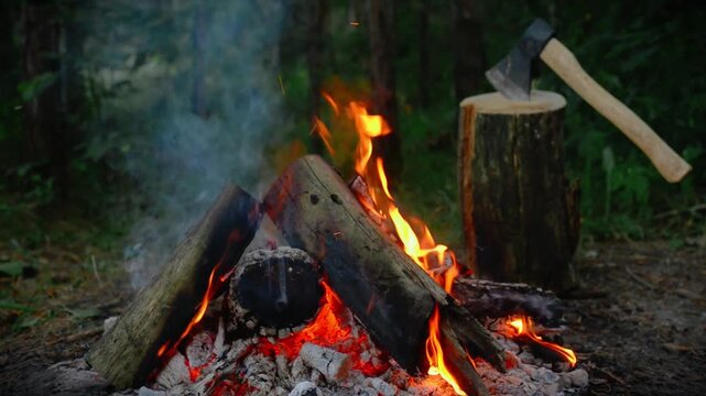 Cinematic B-Roll of Bushcraft Campfire Burning with Axe Stuck in Log in Background, Crackling Sound, Outdoor Wilderness Camping, Survival Equipment Video Footage.