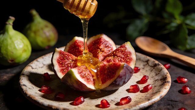 Fresh figs drizzled with golden honey on a rustic plate with pomegranate seeds.