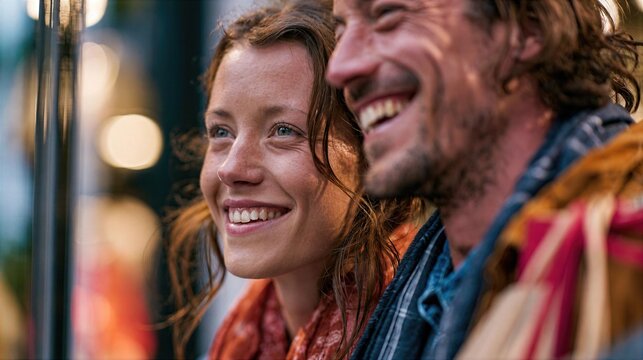 Smiles shared between two people enjoying time in a lively outdoor setting at dusk