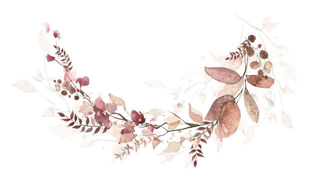 Watercolor floral and fall foliage frame. Red, burgundy, brown, beige and pink autumn wild flowers, eucalyptus branches, leaves and twigs. Fall nature hand drawn design clipart.