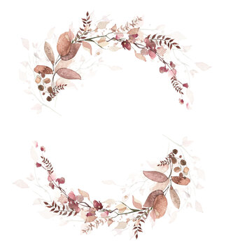 Watercolor floral and fall foliage round frame. Red, burgundy, brown, beige and pink autumn wild flowers, eucalyptus branches, leaves and twigs. Fall nature hand drawn design clipart.